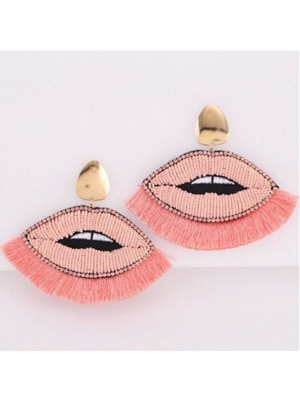 Lips Fun Chic Pink Rhinestone Tassel Yellow Gold Plated Long Drop Earrings